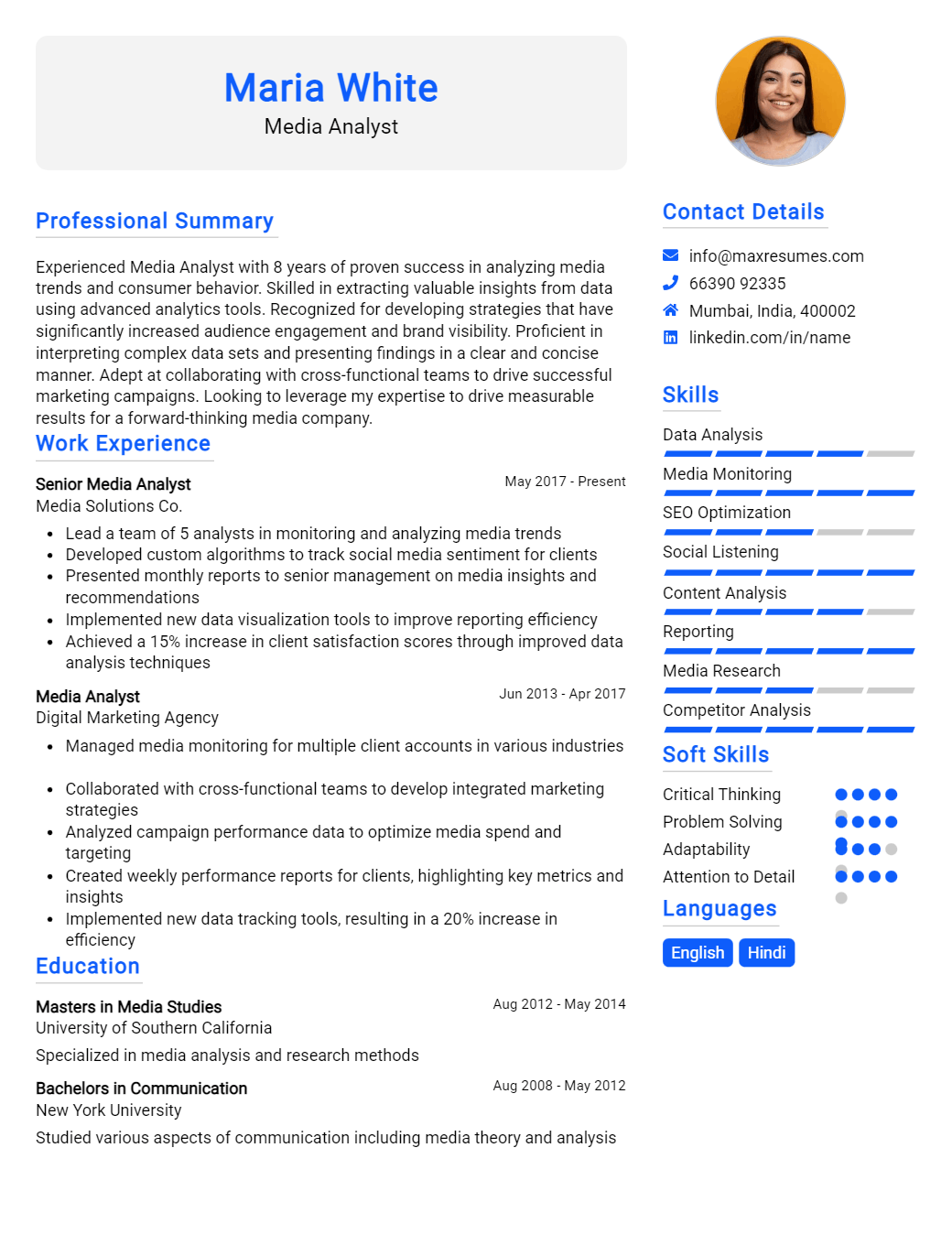 media-analyst-resume-sample