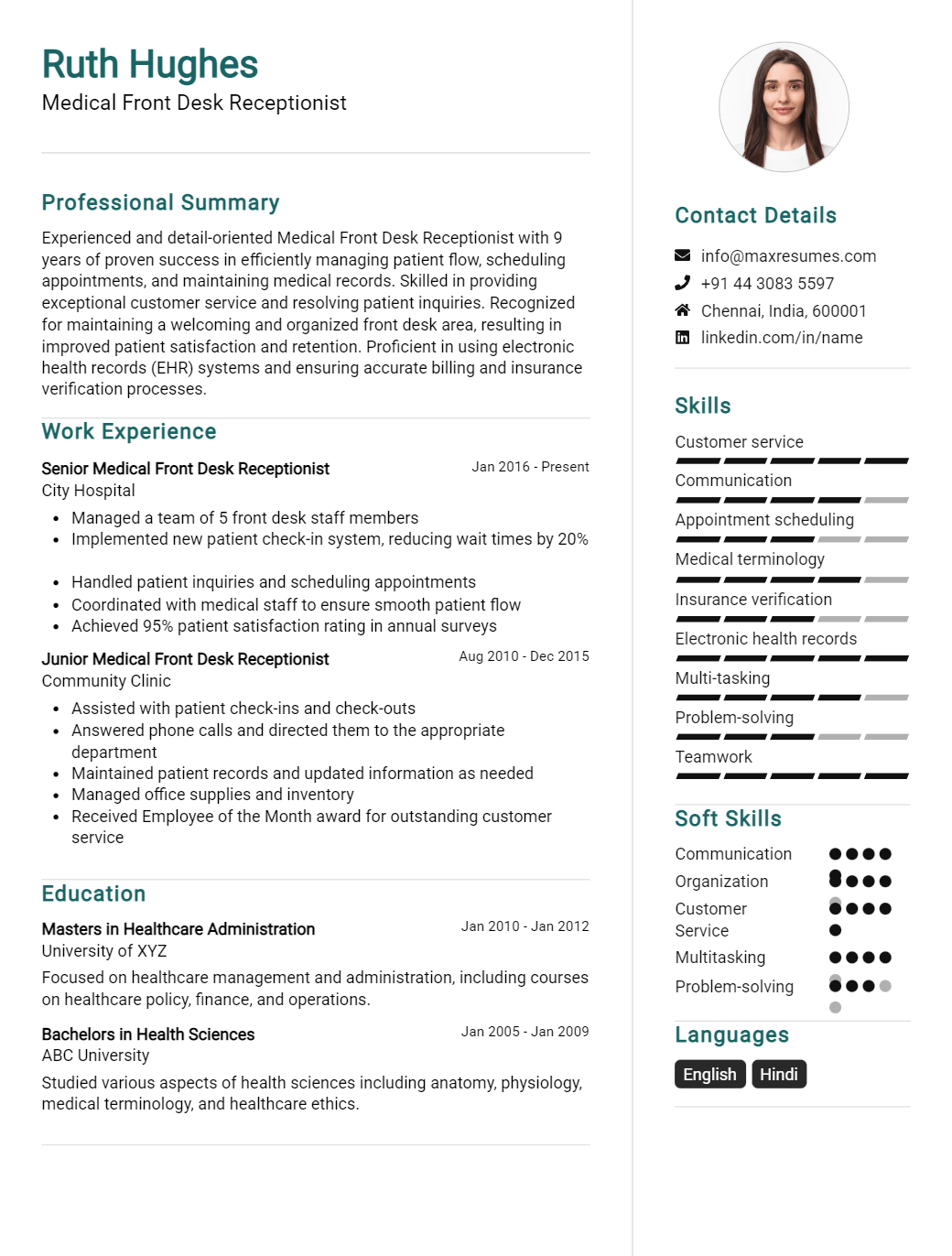 medical-front-desk-receptionist-resume-sample