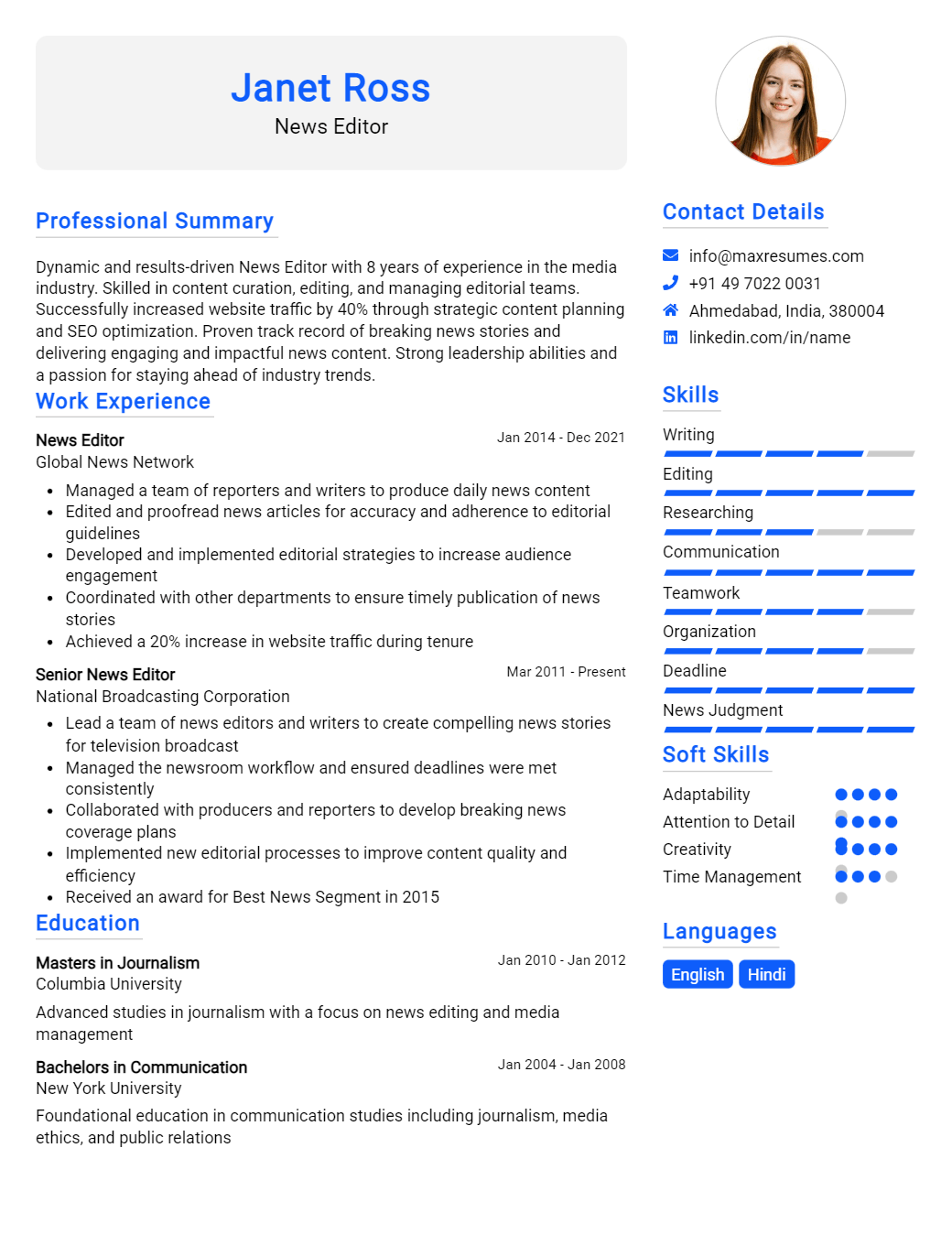 news-editor-resume-sample