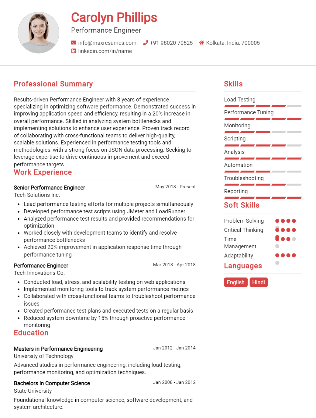 performance-engineer-resume-sample