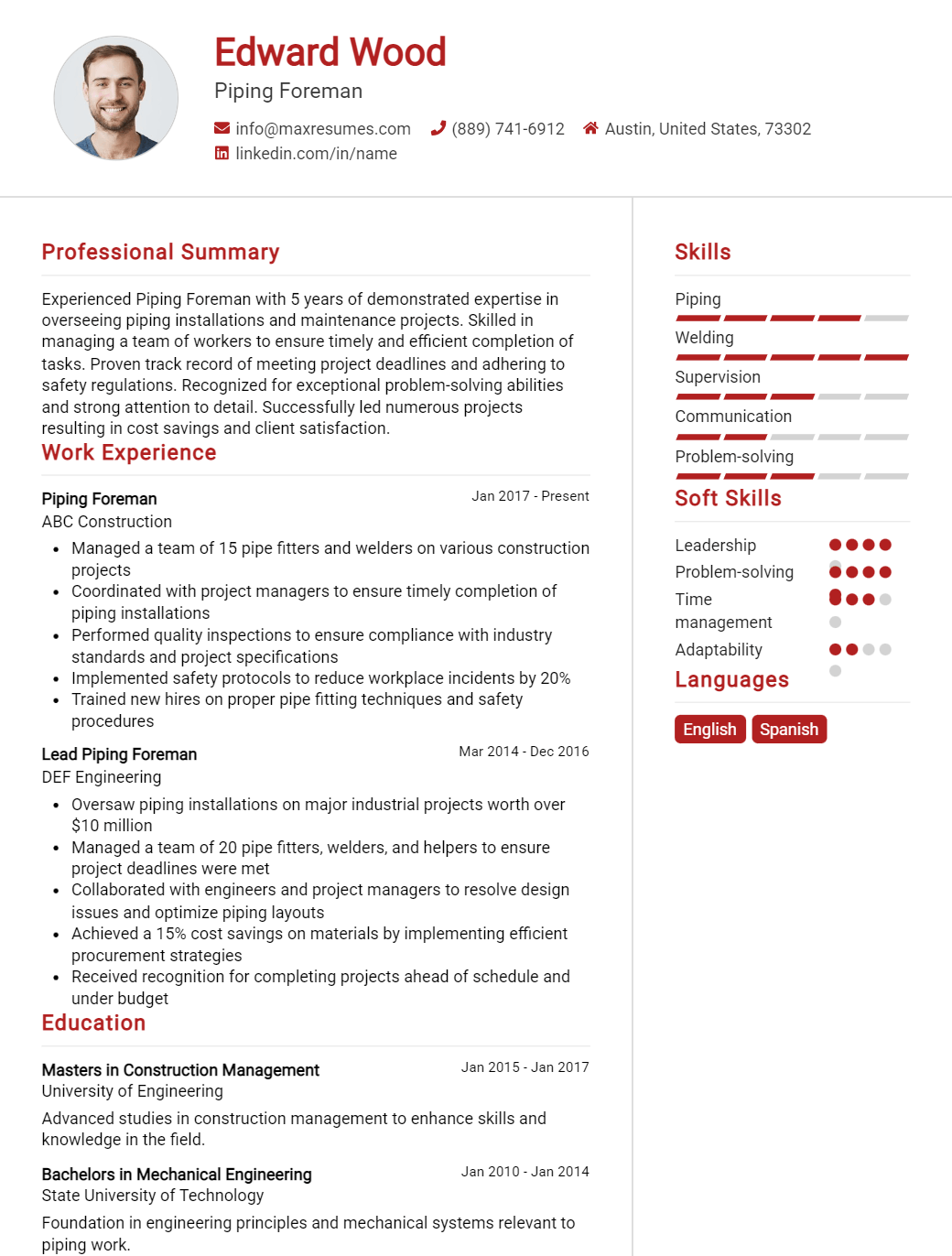 piping-foreman-resume-sample