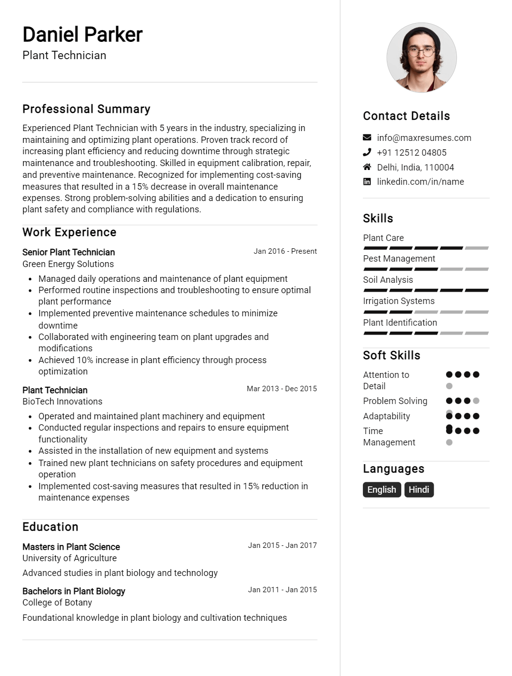 plant-technician-resume-sample