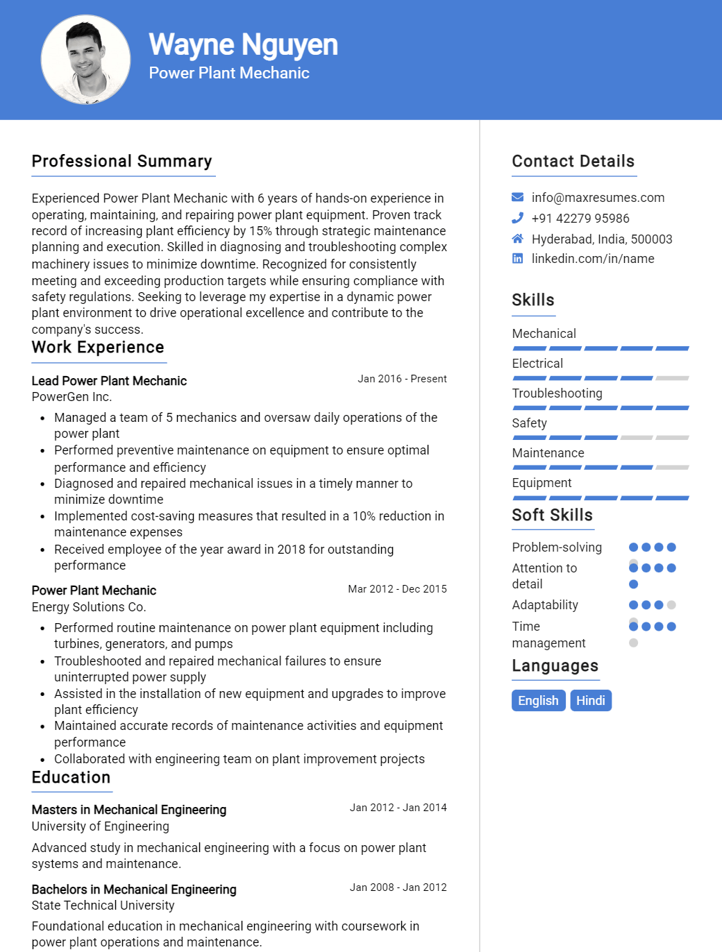 power-plant-mechanic-resume-sample