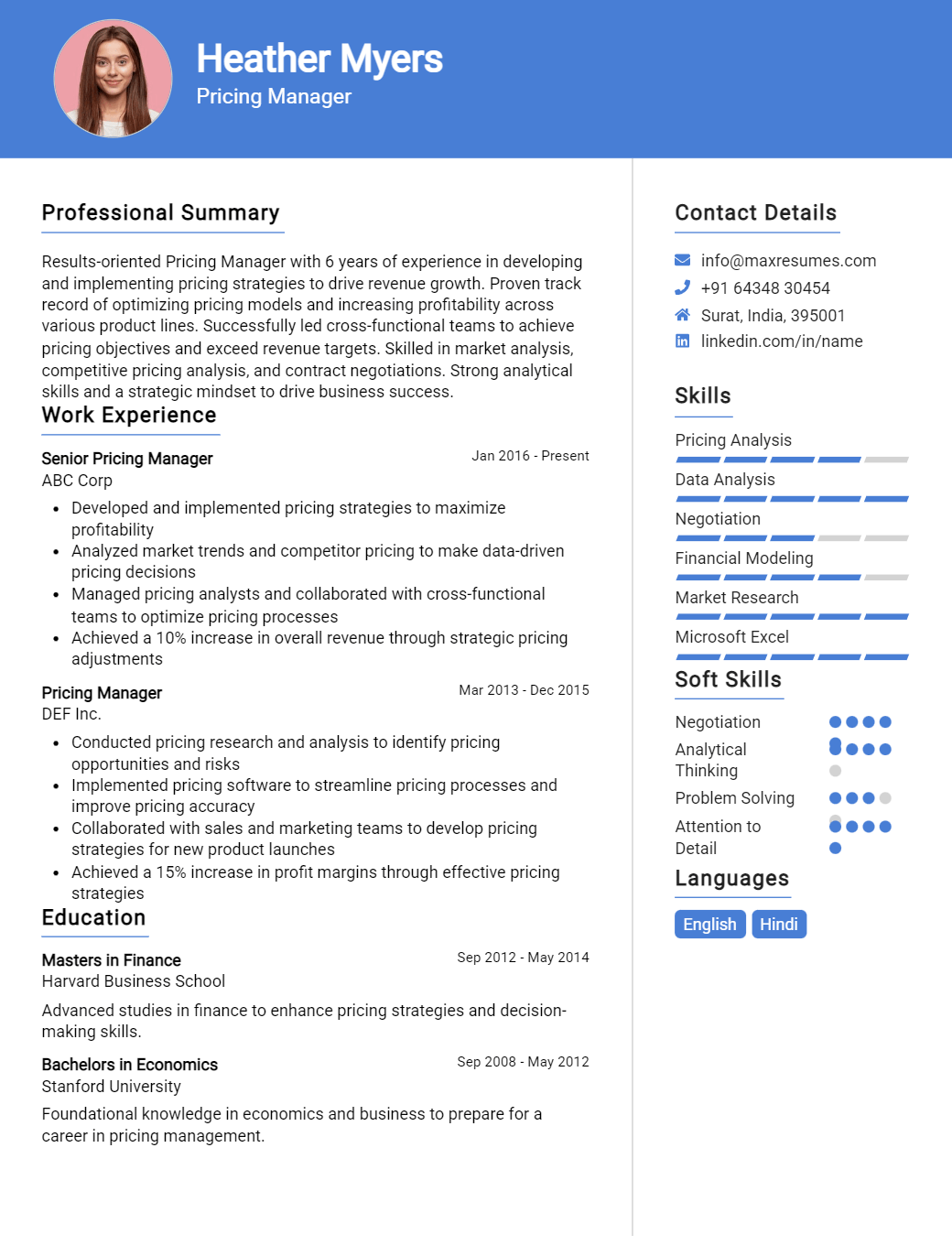 pricing-manager-resume-sample