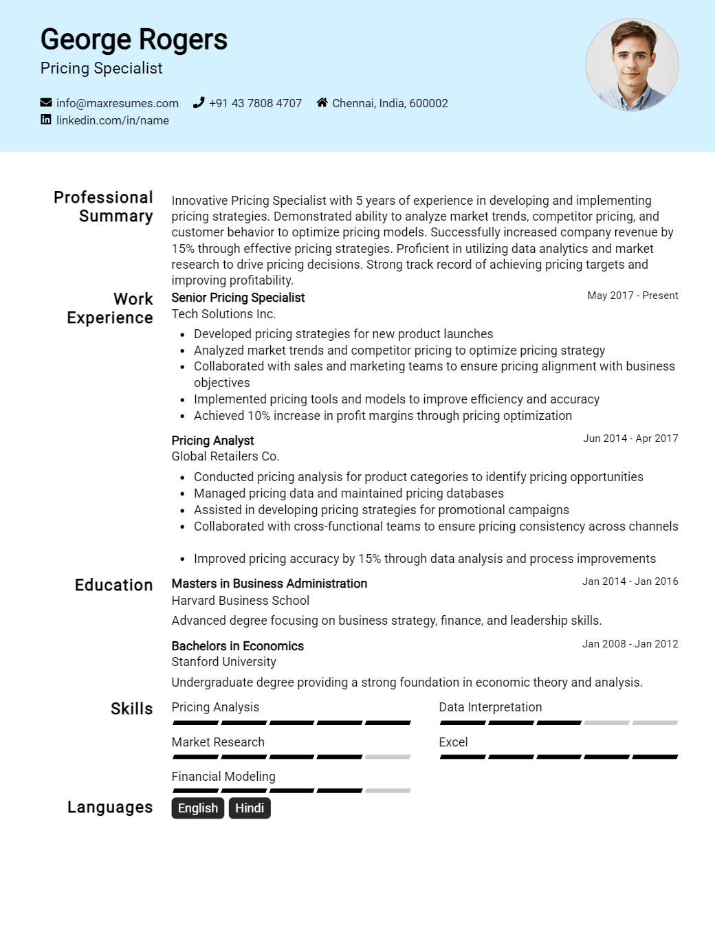 pricing-specialist-resume-sample