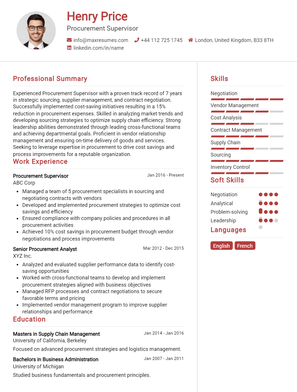 procurement-supervisor-resume-sample