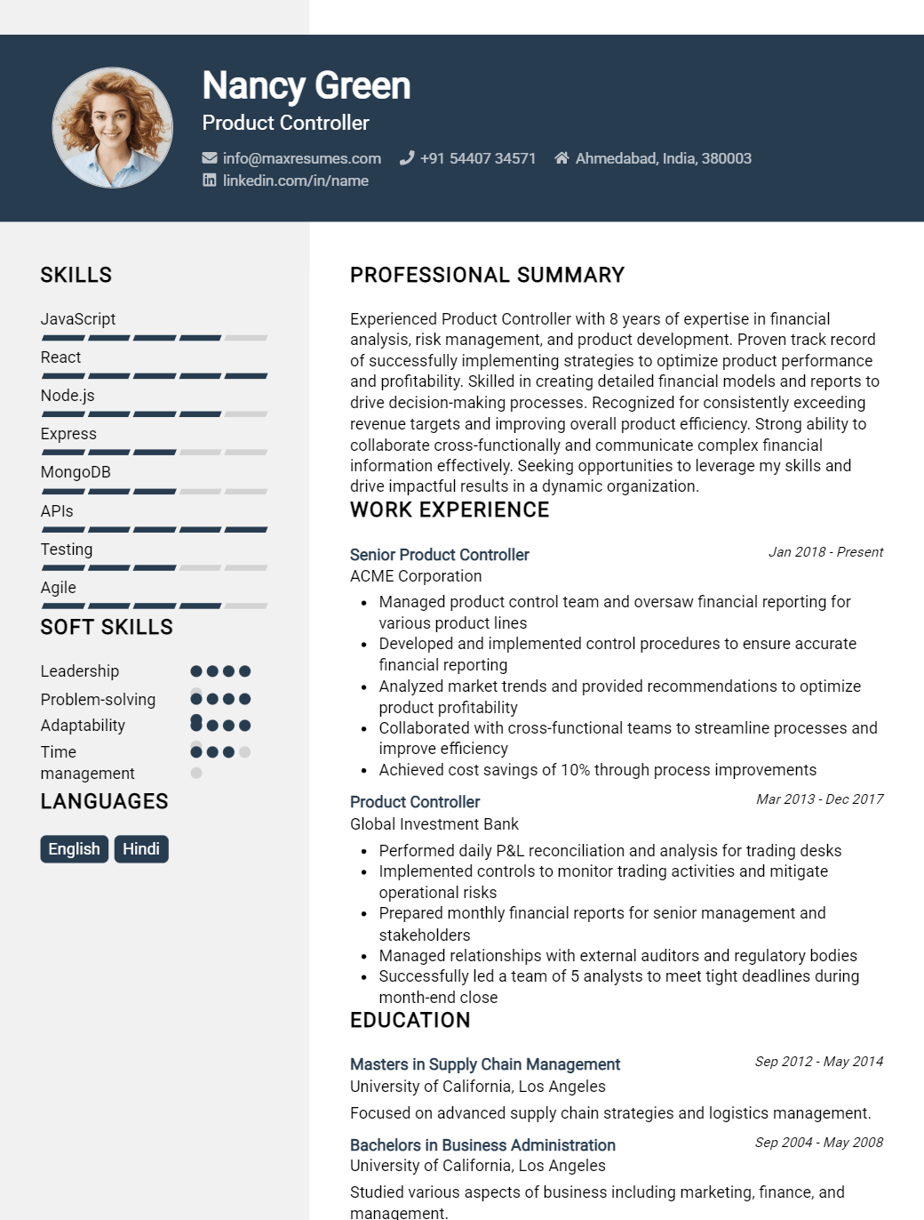 product-controller-resume-sample