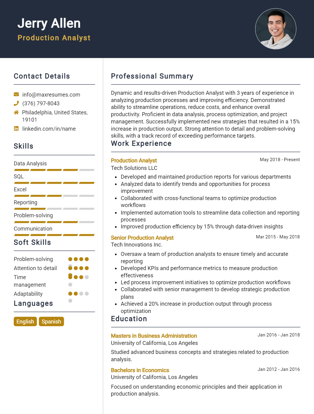 production-analyst-resume-sample