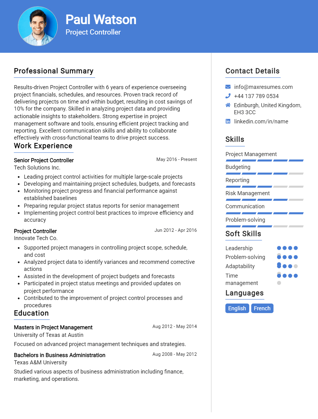 project-controller-resume-sample