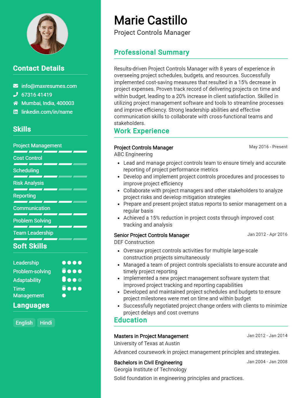 project-controls-manager-resume-sample
