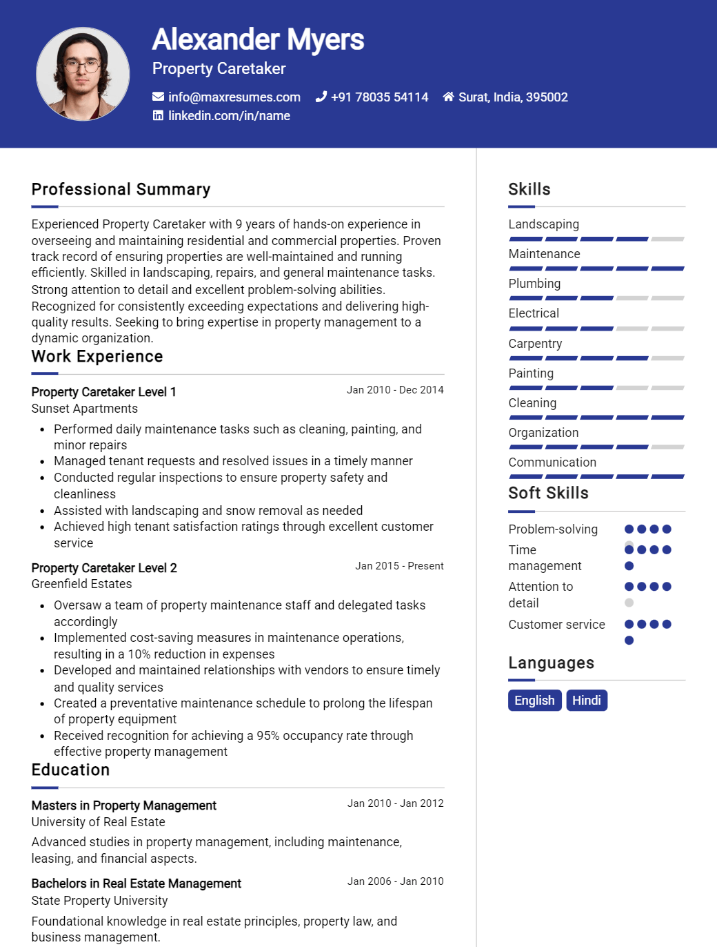 property-caretaker-resume-sample