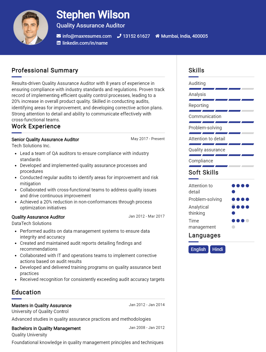 quality-assurance-auditor-resume-sample