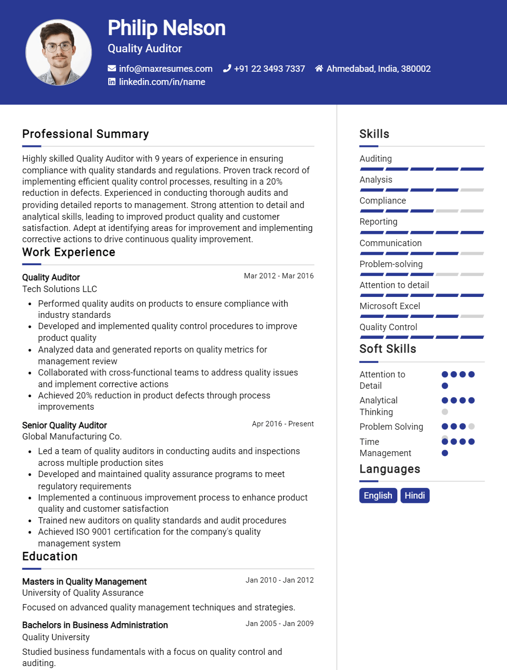 quality-auditor-resume-sample
