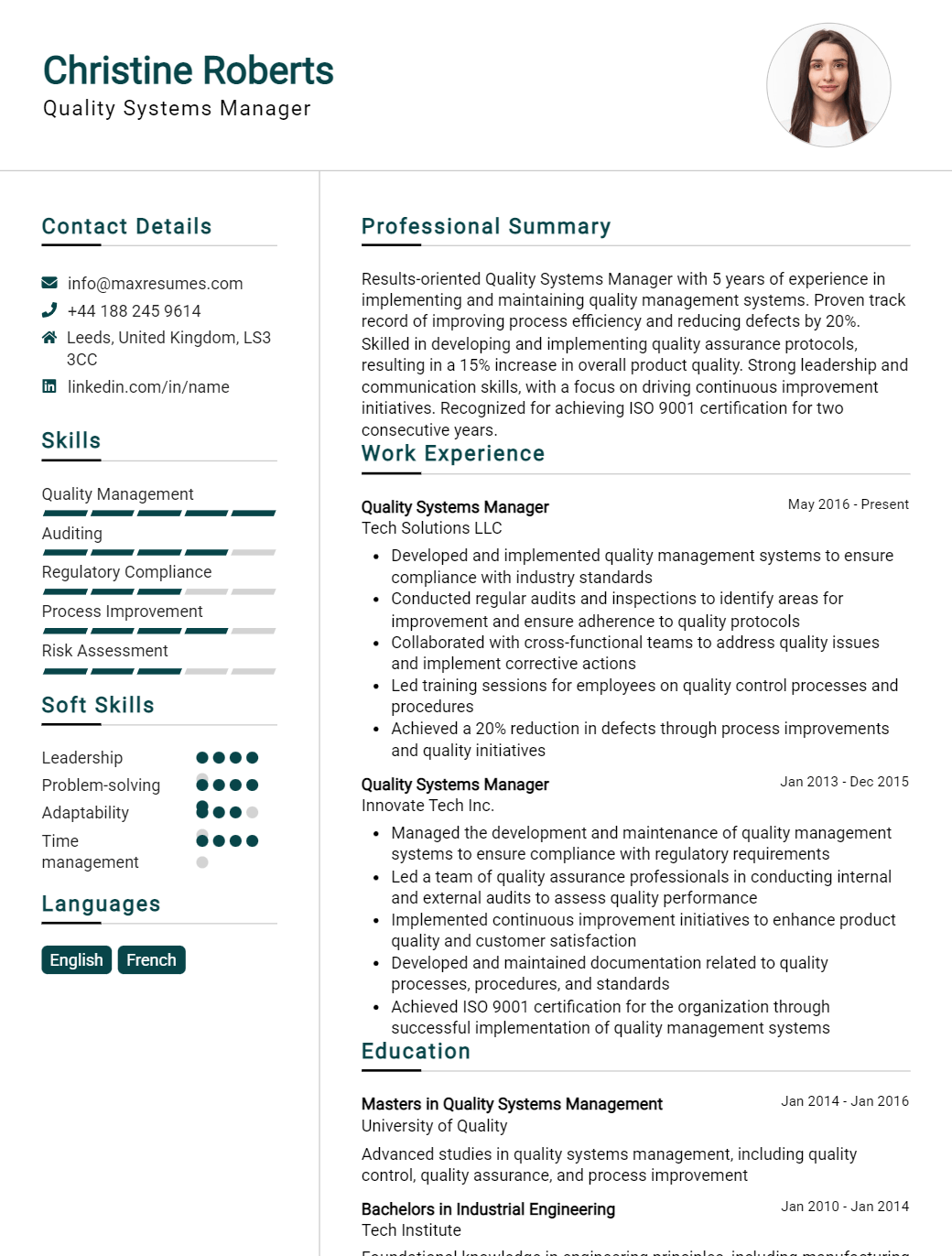 quality-systems-manager-resume-sample