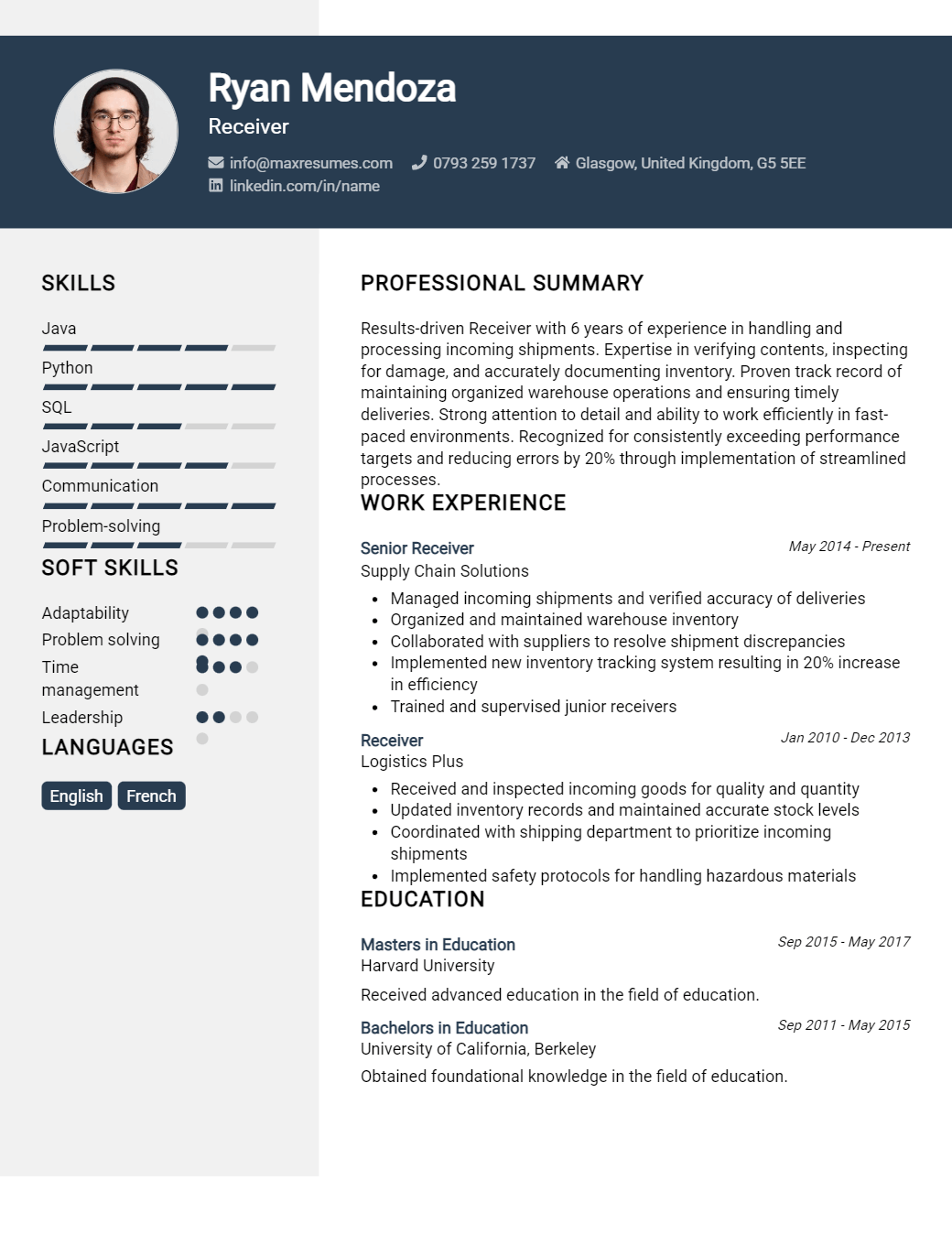 receiver-resume-sample