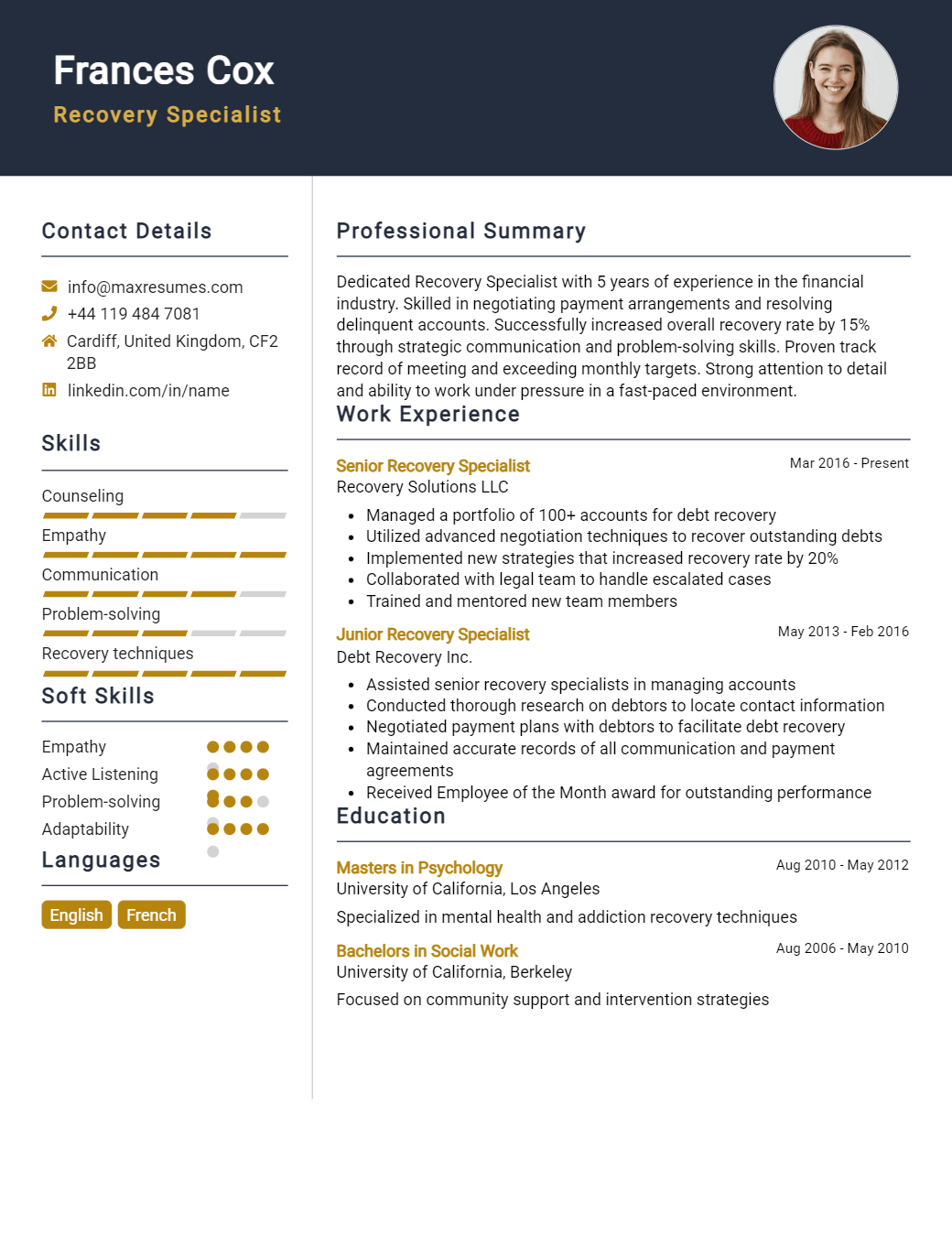 recovery-specialist-resume-sample