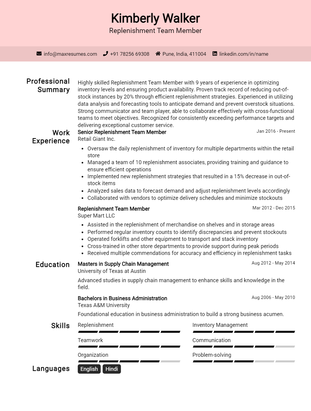 replenishment-team-member-resume-sample