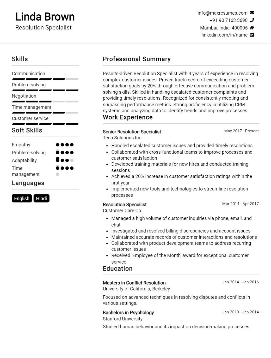resolution-specialist-resume-sample