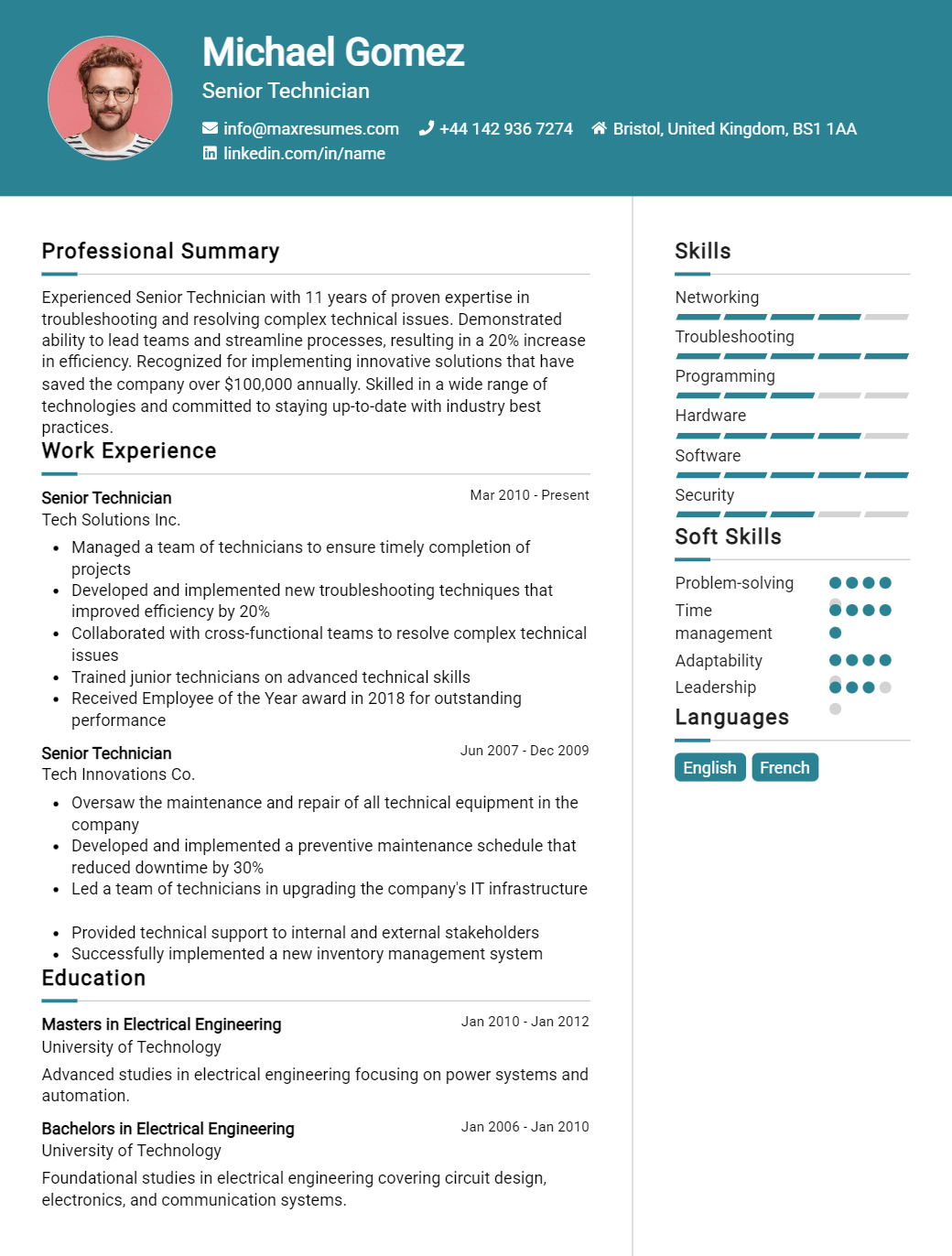 senior-technician-resume-sample