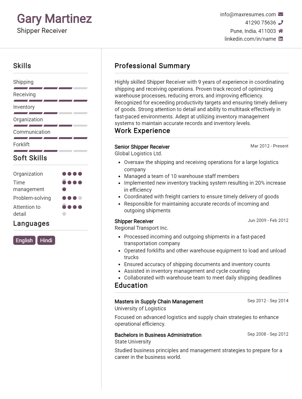shipper-receiver-resume-sample