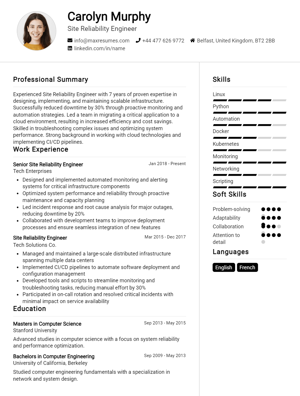 site-reliability-engineer-resume-sample