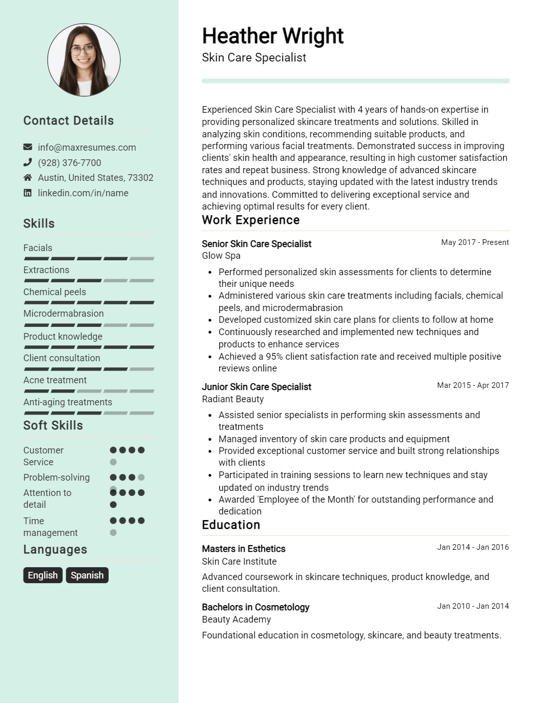 skin-care-specialist-resume-sample
