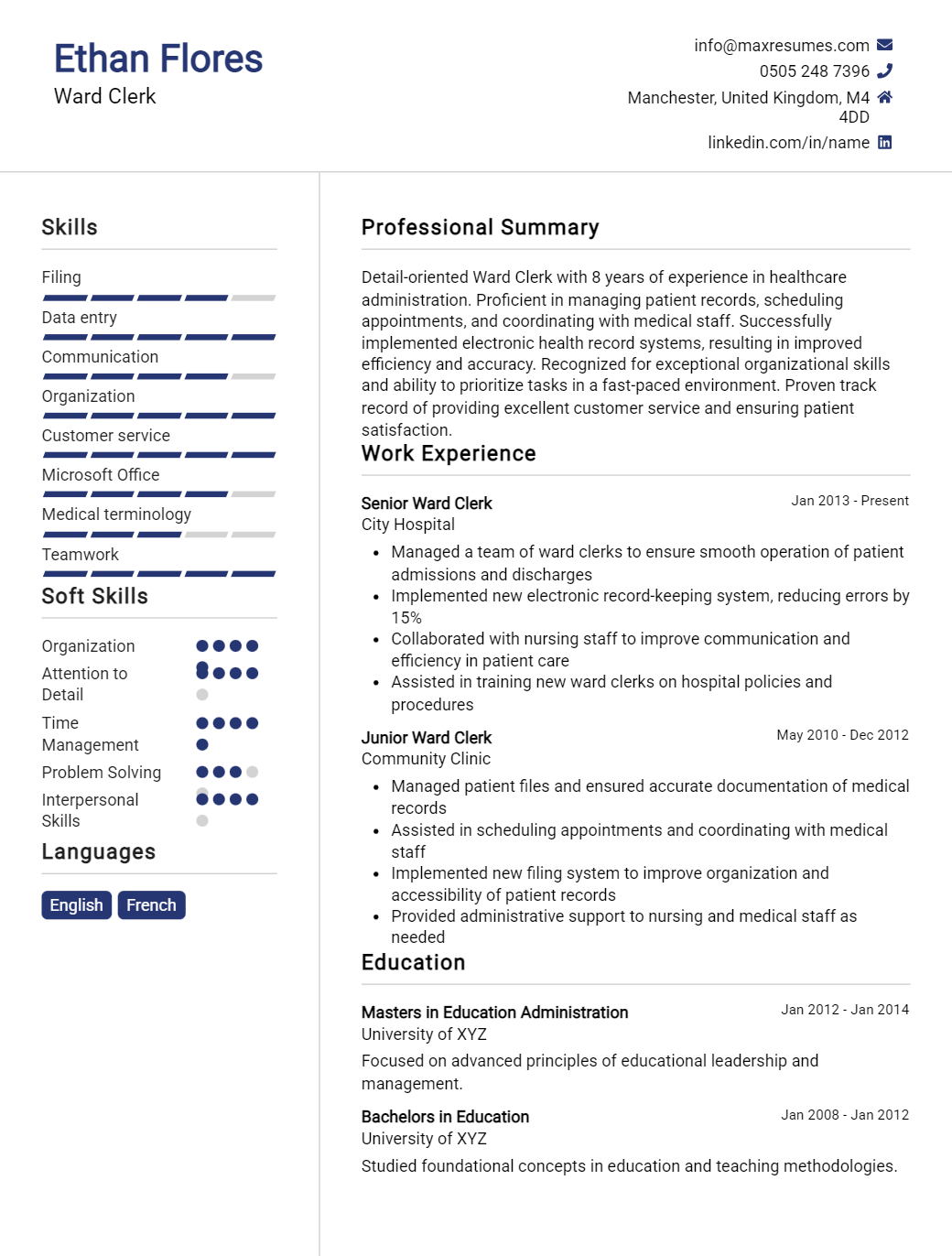 ward-clerk-resume-sample