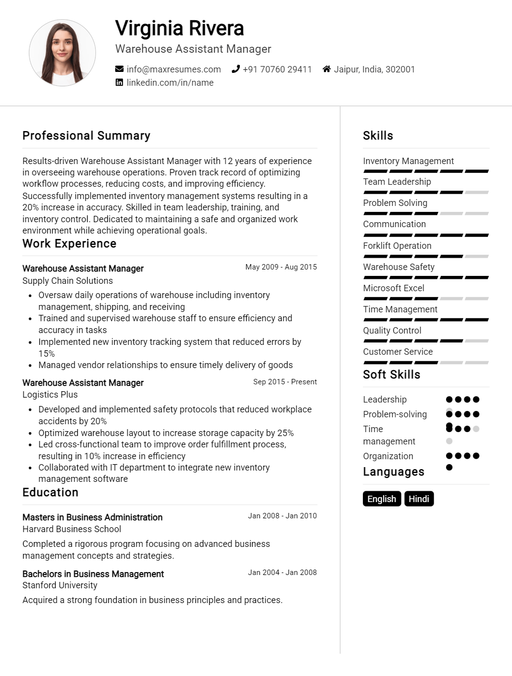 warehouse-assistant-manager-resume-sample