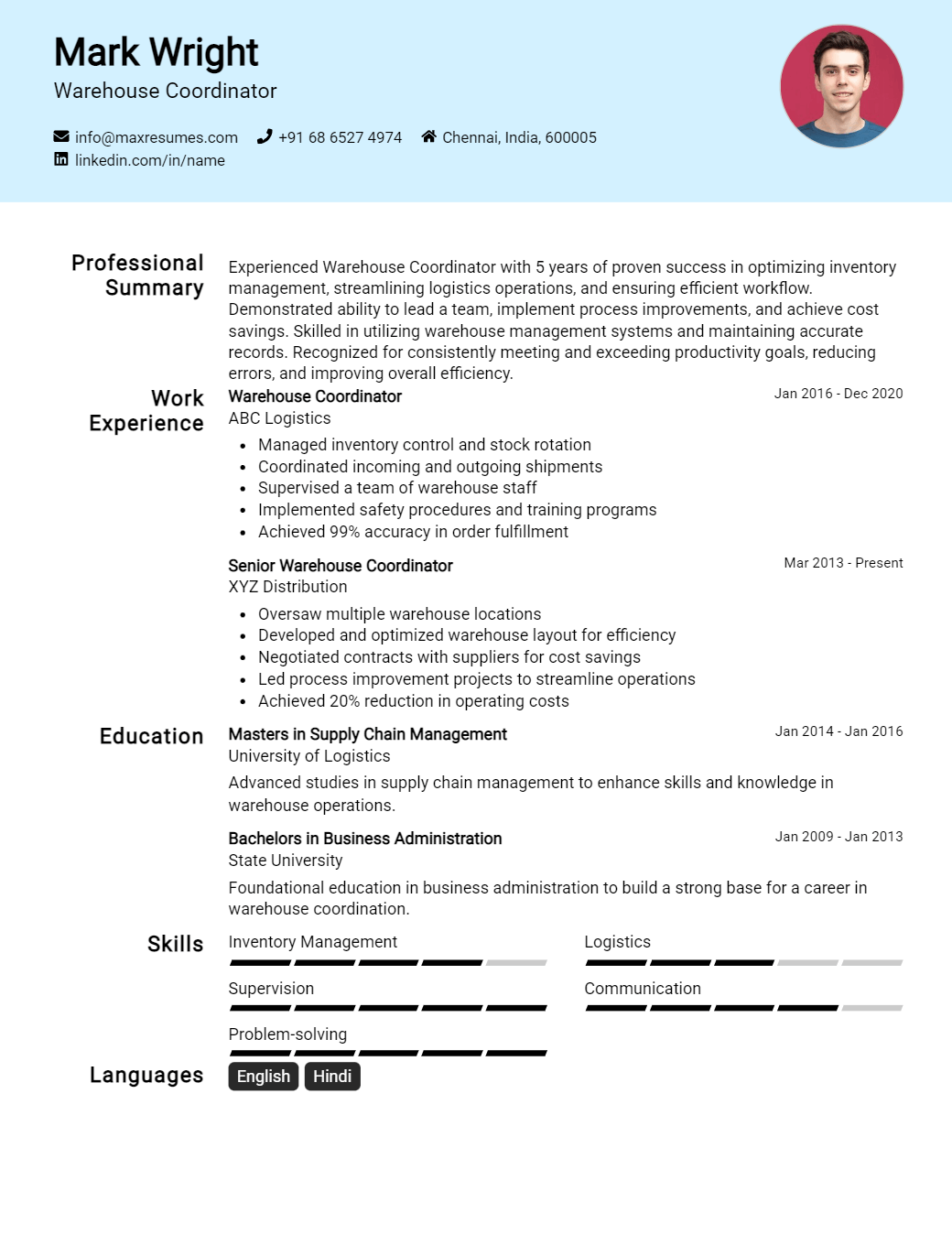 warehouse-coordinator-resume-sample