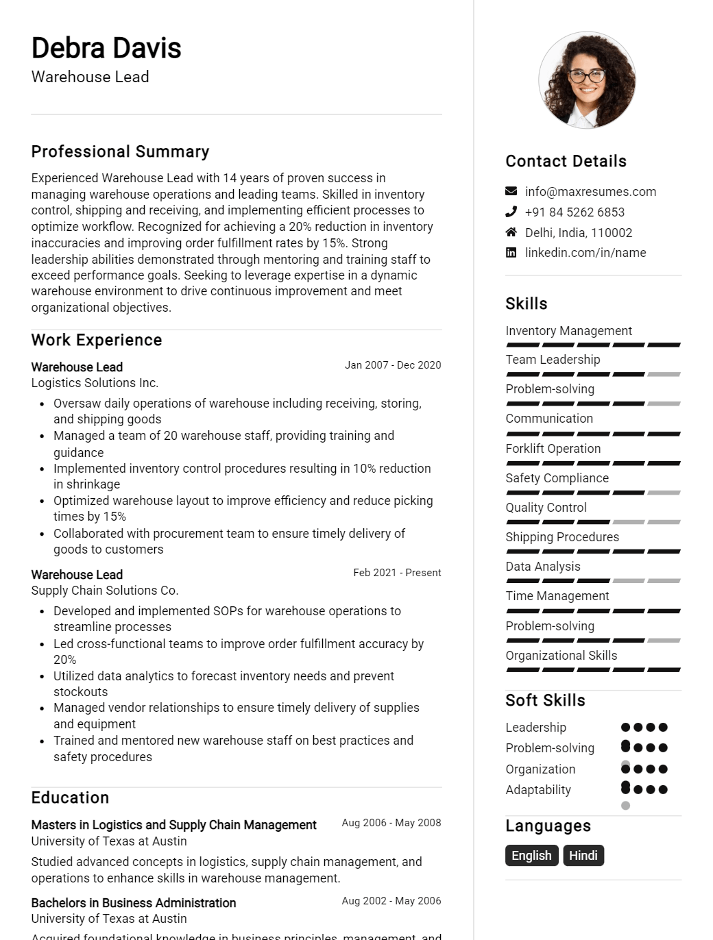 warehouse-lead-resume-sample