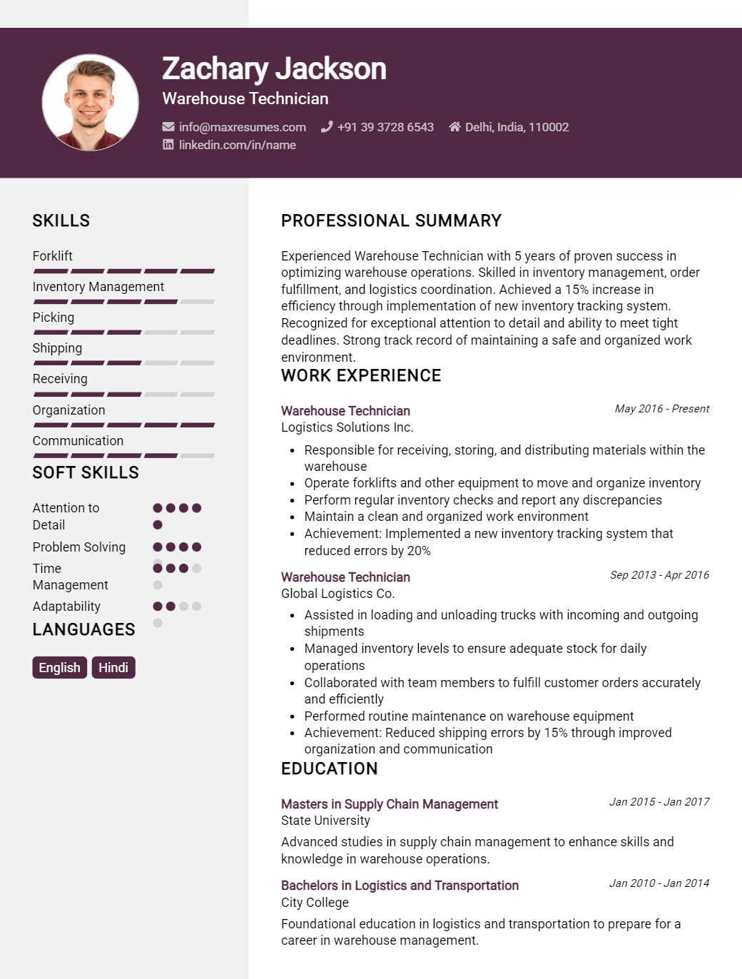 warehouse-technician-resume-sample