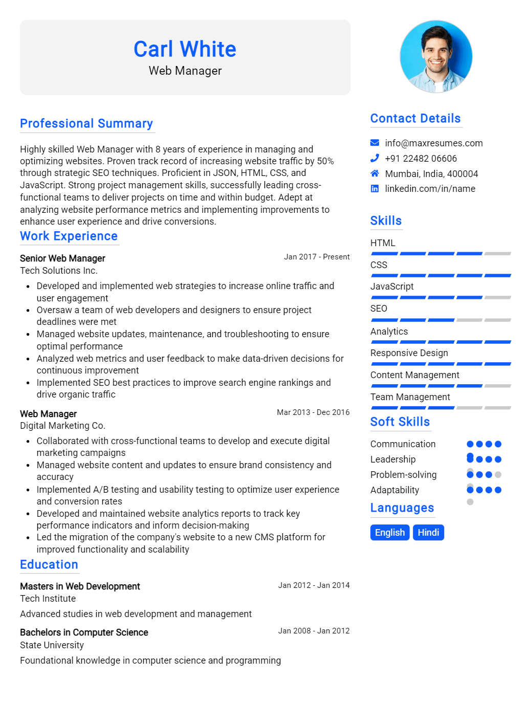 web-manager-resume-sample