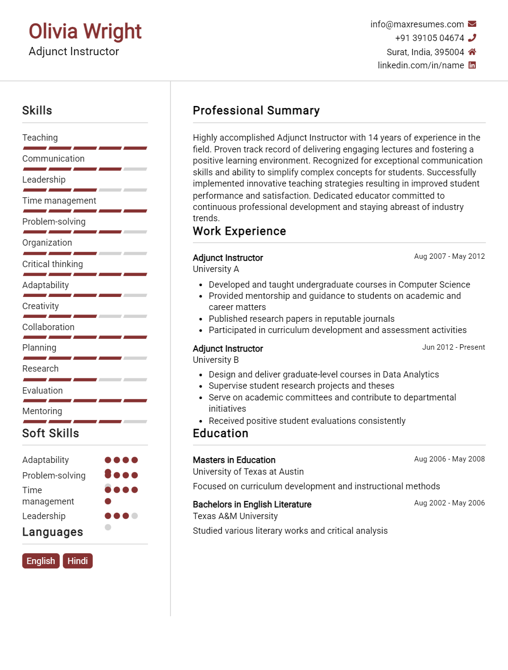 adjunct-instructor-resume-sample