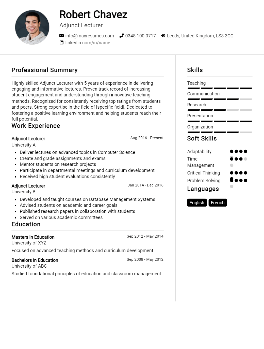 adjunct-lecturer-resume-sample