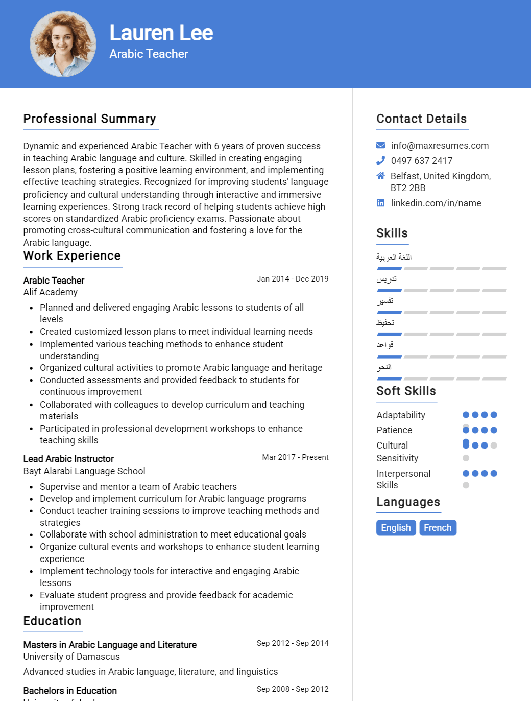 arabic-teacher-resume-sample