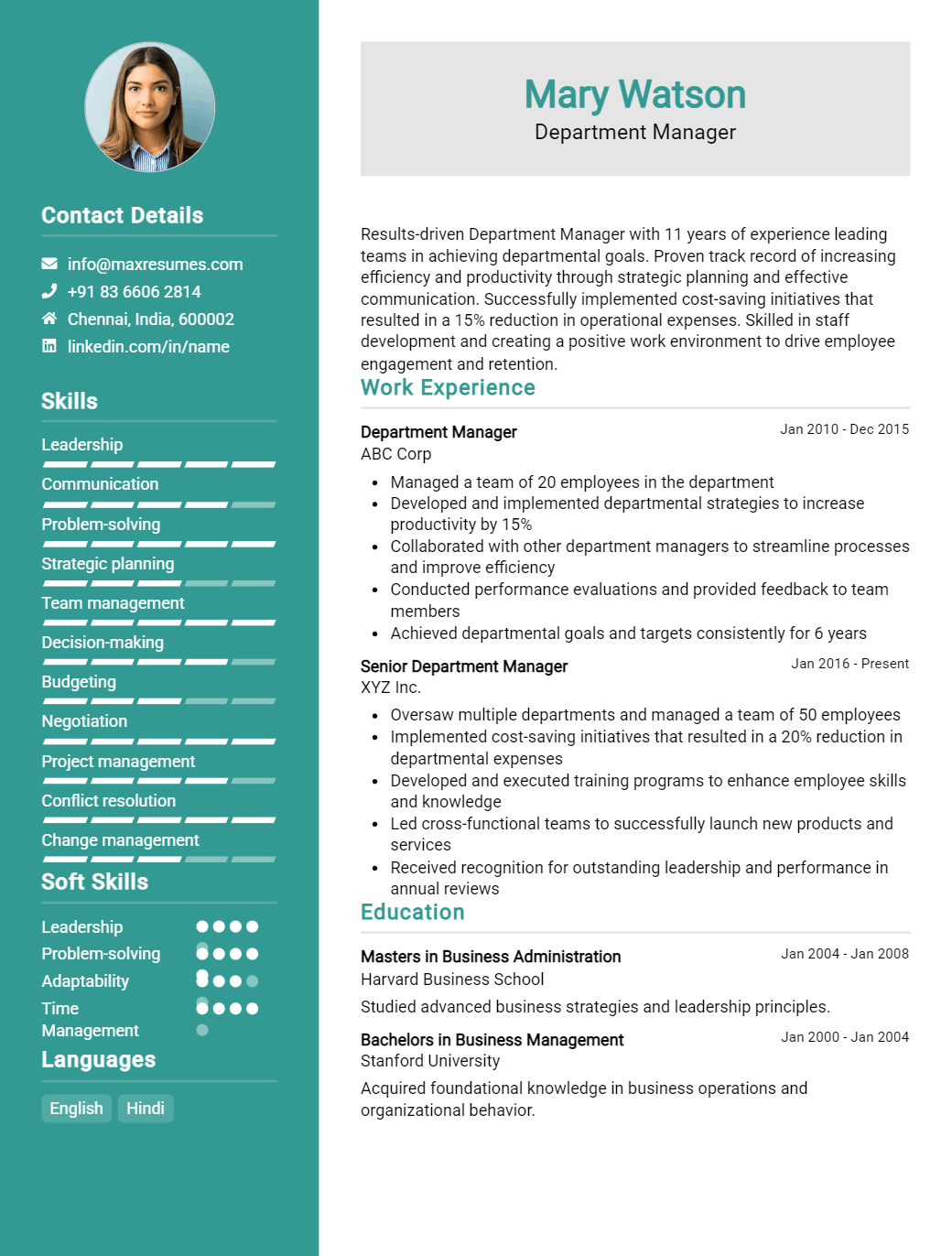 department-manager-resume-sample