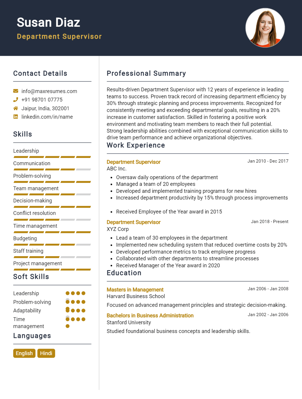 department-supervisor-resume-sample