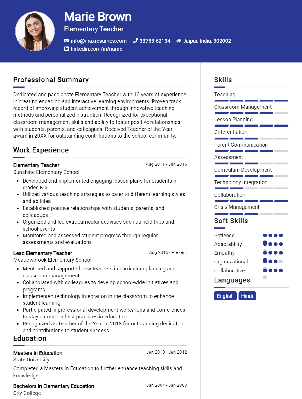 elementary-teacher-resume-sample