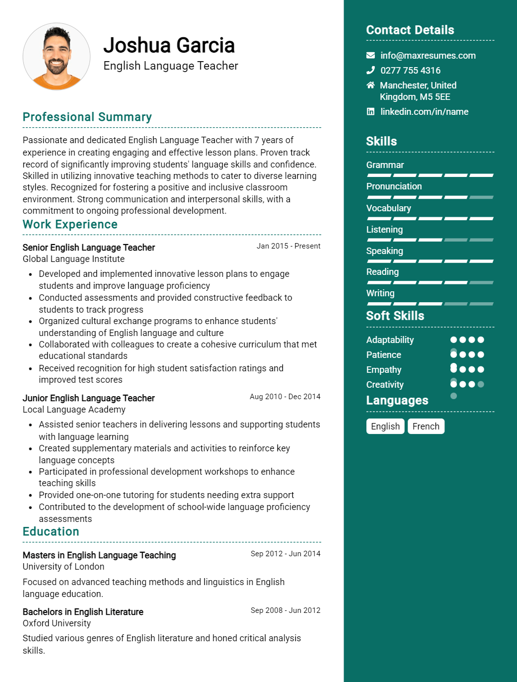 english-language-teacher-resume-sample