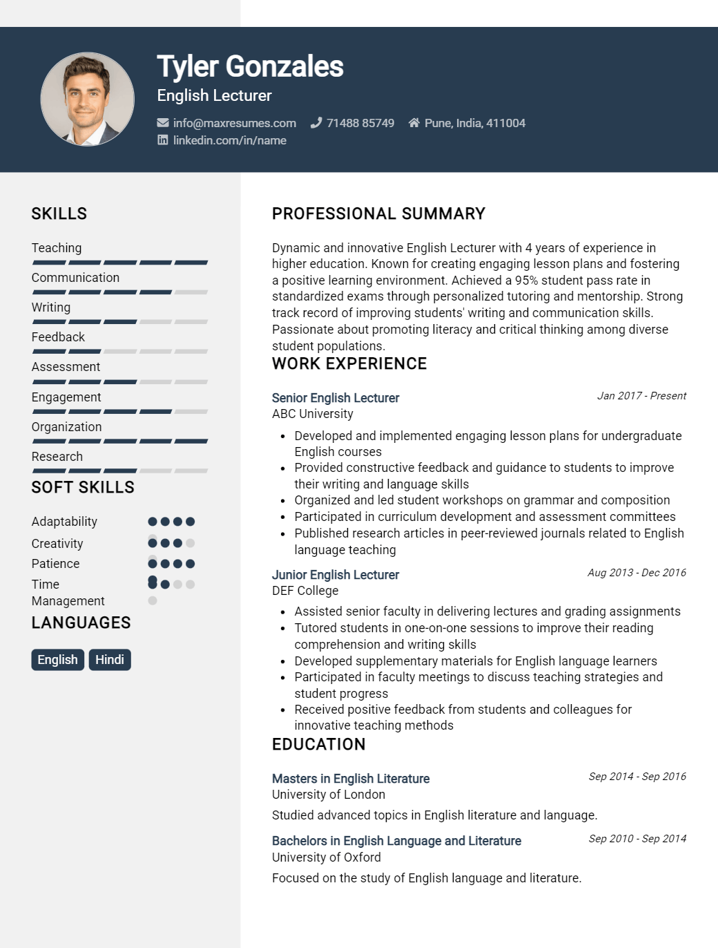 english-lecturer-resume-sample