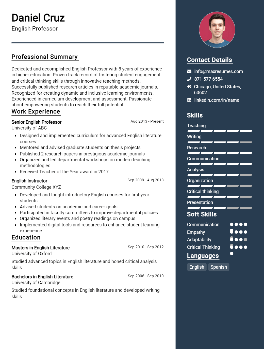 english-professor-resume-sample