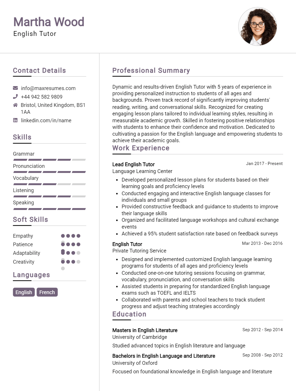 english-tutor-resume-sample