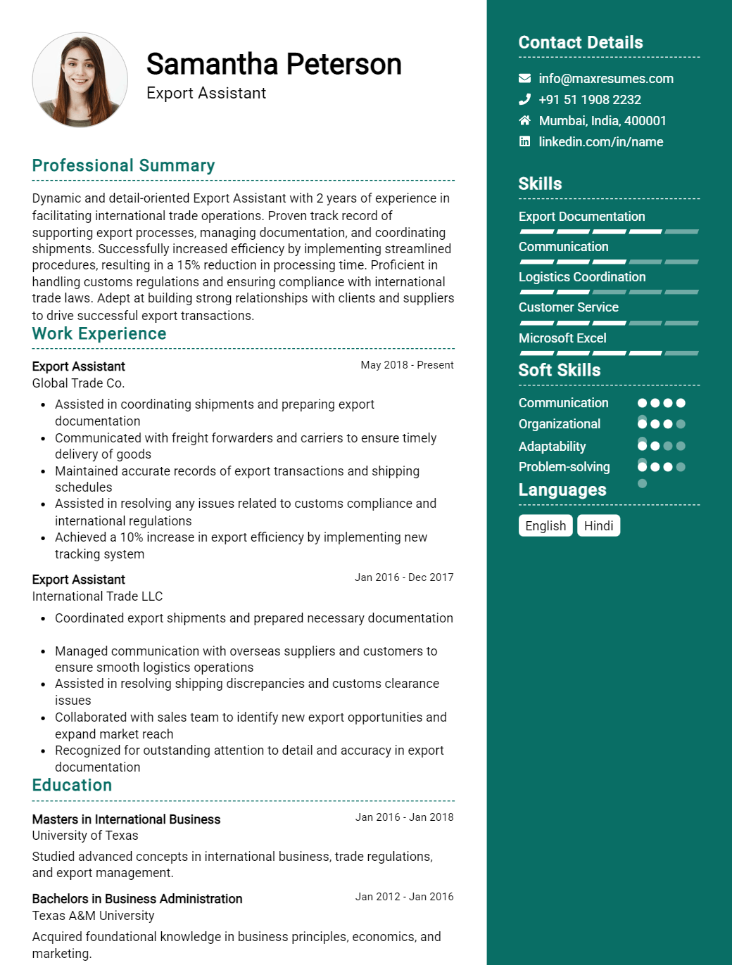 export-assistant-resume-sample