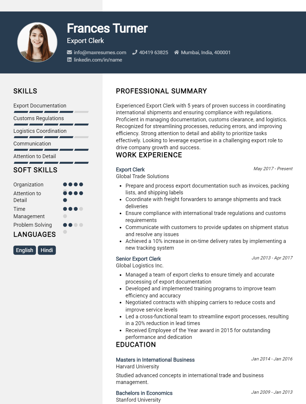 export-clerk-resume-sample