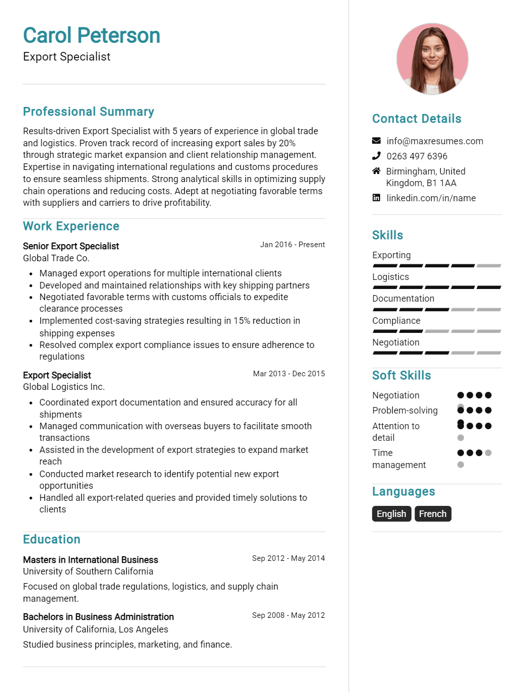 export-specialist-resume-sample