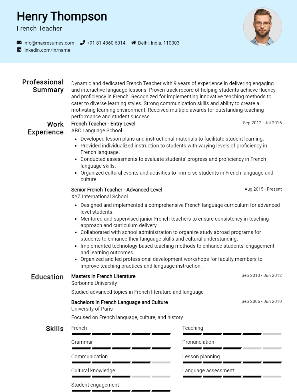 french-teacher-resume-sample