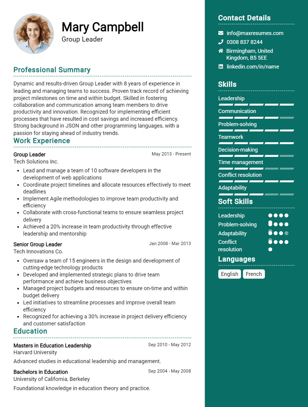 group-leader-resume-sample