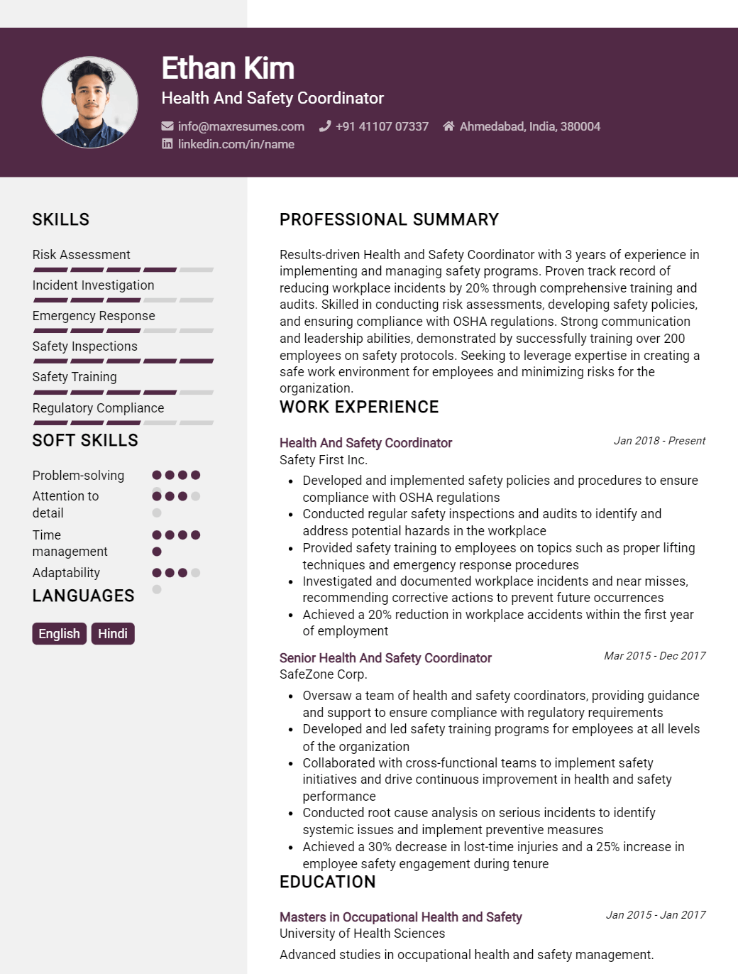 health-and-safety-coordinator-resume-sample