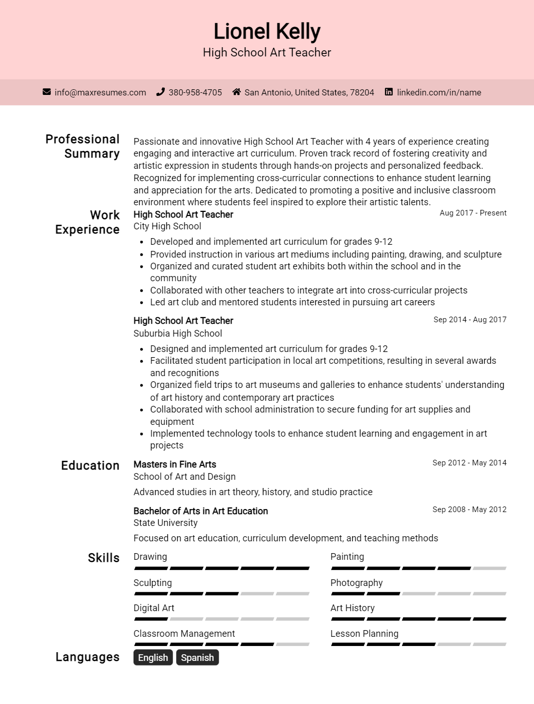 high-school-art-teacher-resume-sample