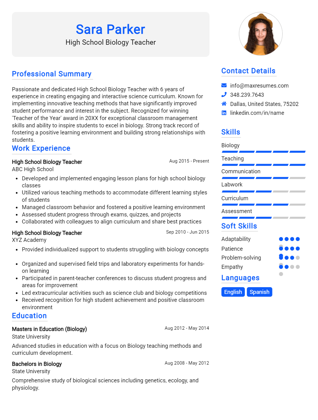 high-school-biology-teacher-resume-sample